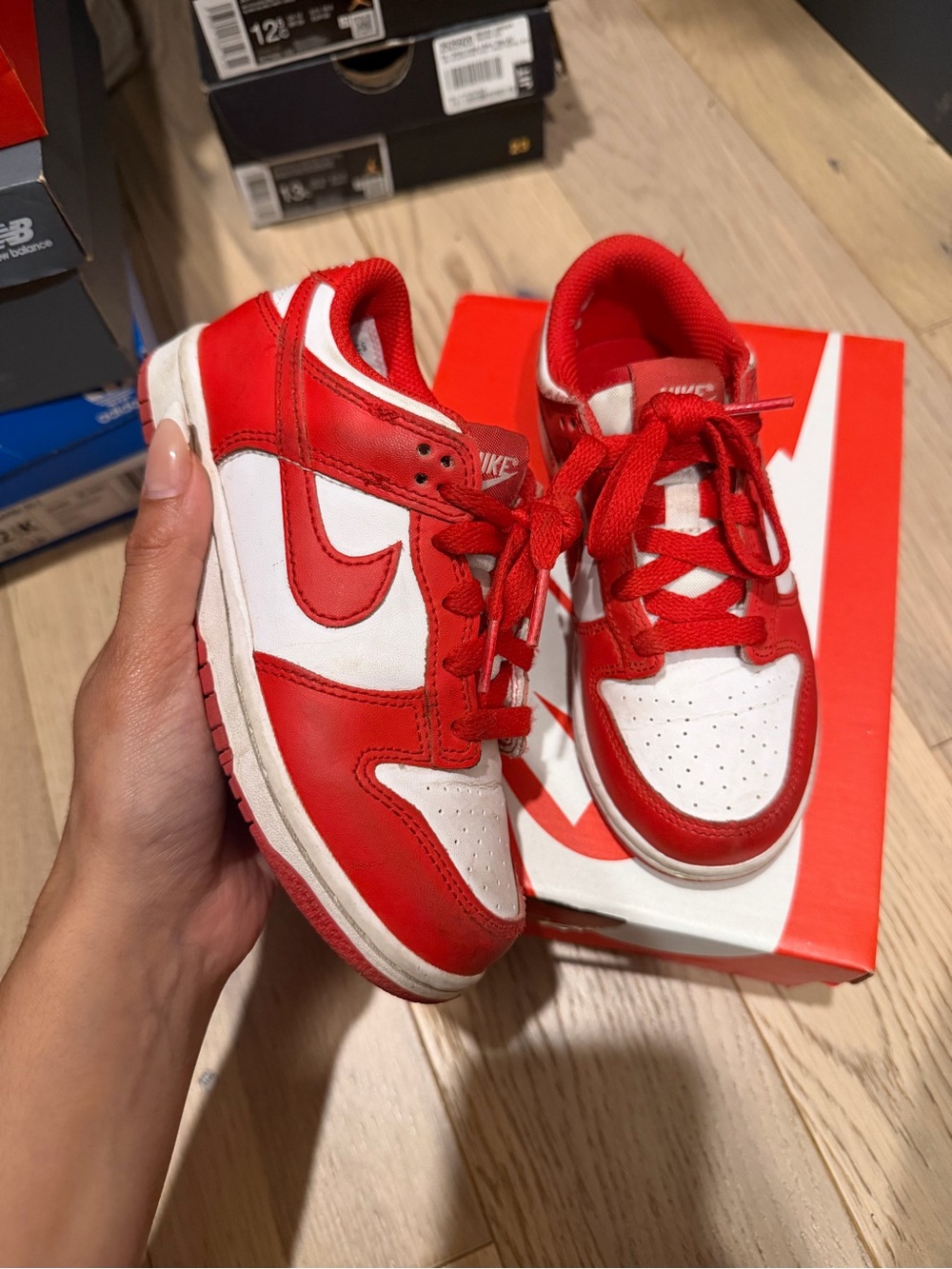 Nike Kids Red and White Low-Top Sneakers with Swoosh